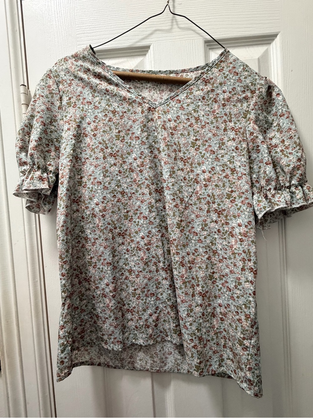 Women’s Floral V-Neck Blouse in Light Blue and Rust